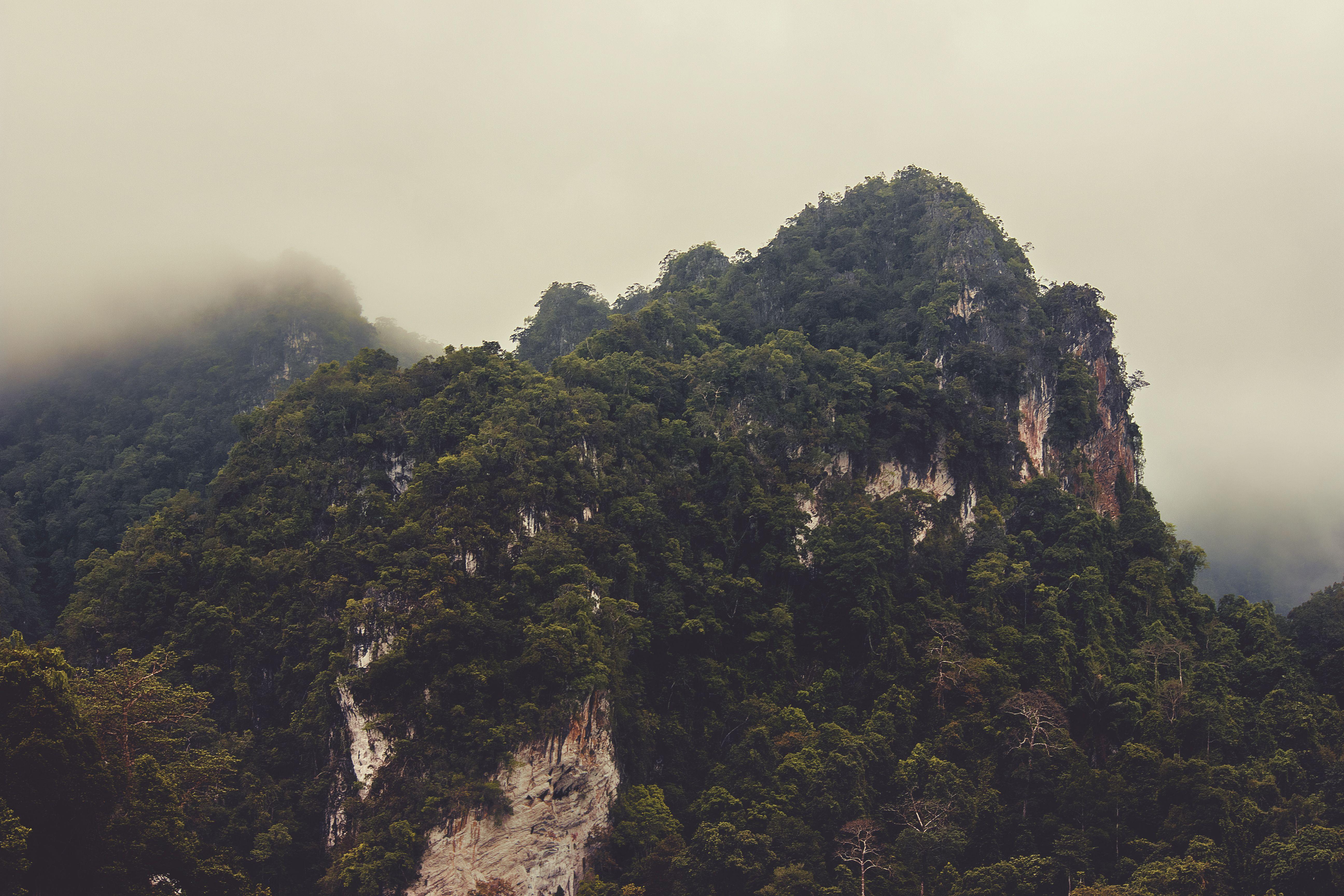 5184x3456 Brown Fog Green Mountains Pink Rocks Trees 4K wallpaper