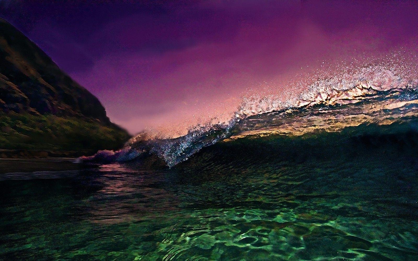 1600x1000 nature, Landscape, Sunset, Sky, Sea, Waves, Mountain, Water, Green, Pink Wallpaper HD / Desktop and Mobile Background