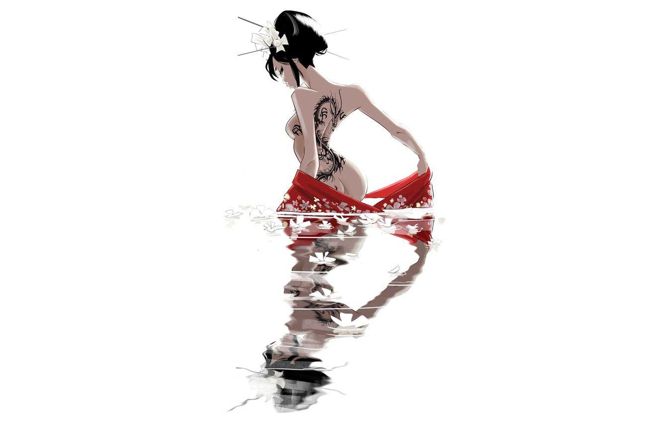 1332x850 Wallpaper Water, Reflection, Girl, Minimalism, Japan, Asian, Japan, Tattoo, Geisha, Japanese, Tattoo, Art, Illustration, Characters, Memoirs of a Geisha, Japanese art image for desktop, section арт