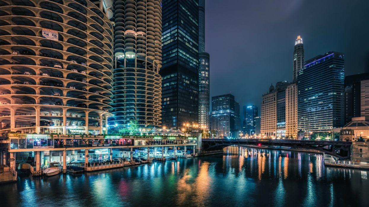 1245x700 USA Houses Skyscrapers Rivers Bridges Marinas Chicago city Night Street lights Cities wallpaperx4132