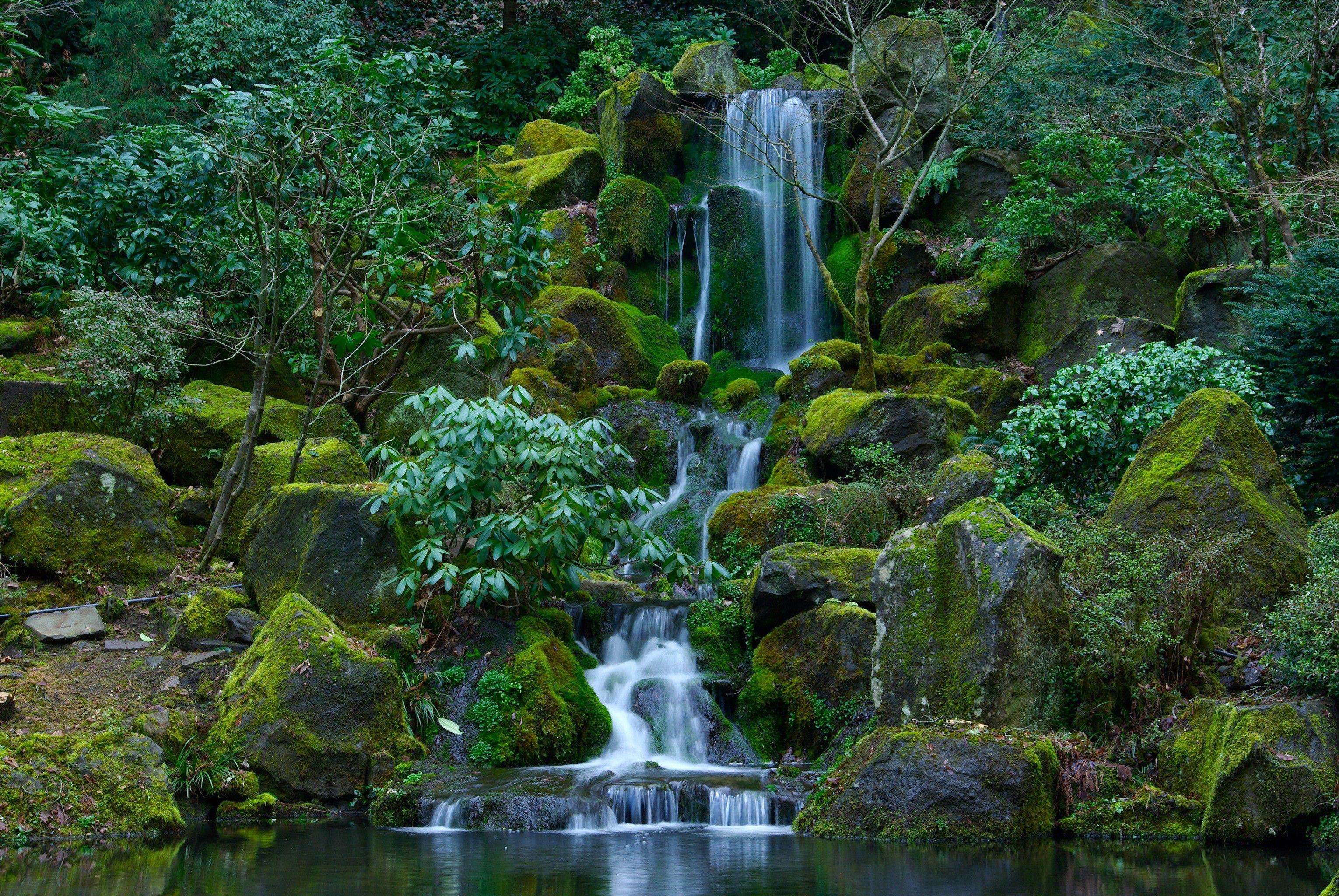 3060x2048 Waterfalls: Moss Waterfalls Japanese Usa Oregon Stones Gardens