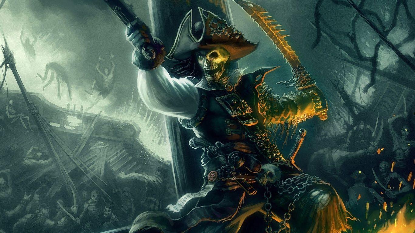 1366x768 Anime Fantasy Skeleton Pirate Swords Ship On The Picture D 444306 Wallpaper wallpaper