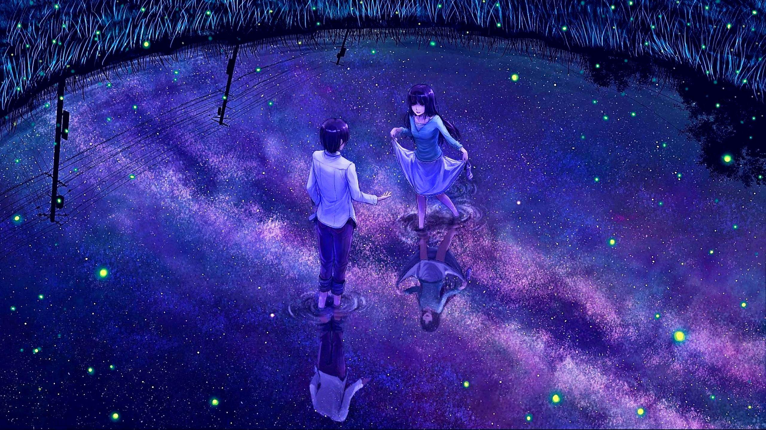 2560x1440 stars, fantasy, romance, dance, pond, boy, girl wallpaper