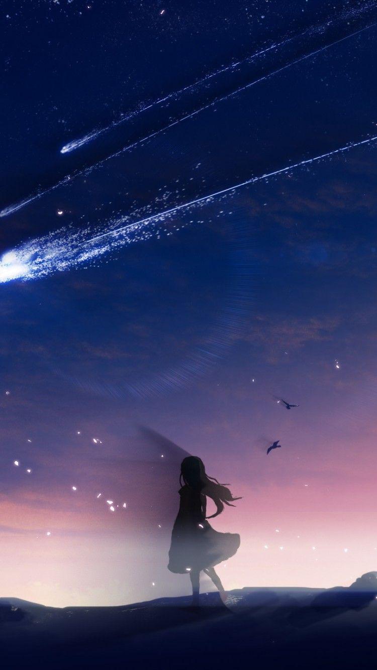 750x1334 Download 750x1334 Anime Girl, Falling Stars, Scenic, Birds, Sky, Landscape Wallpaper for iPhone iPhone 6