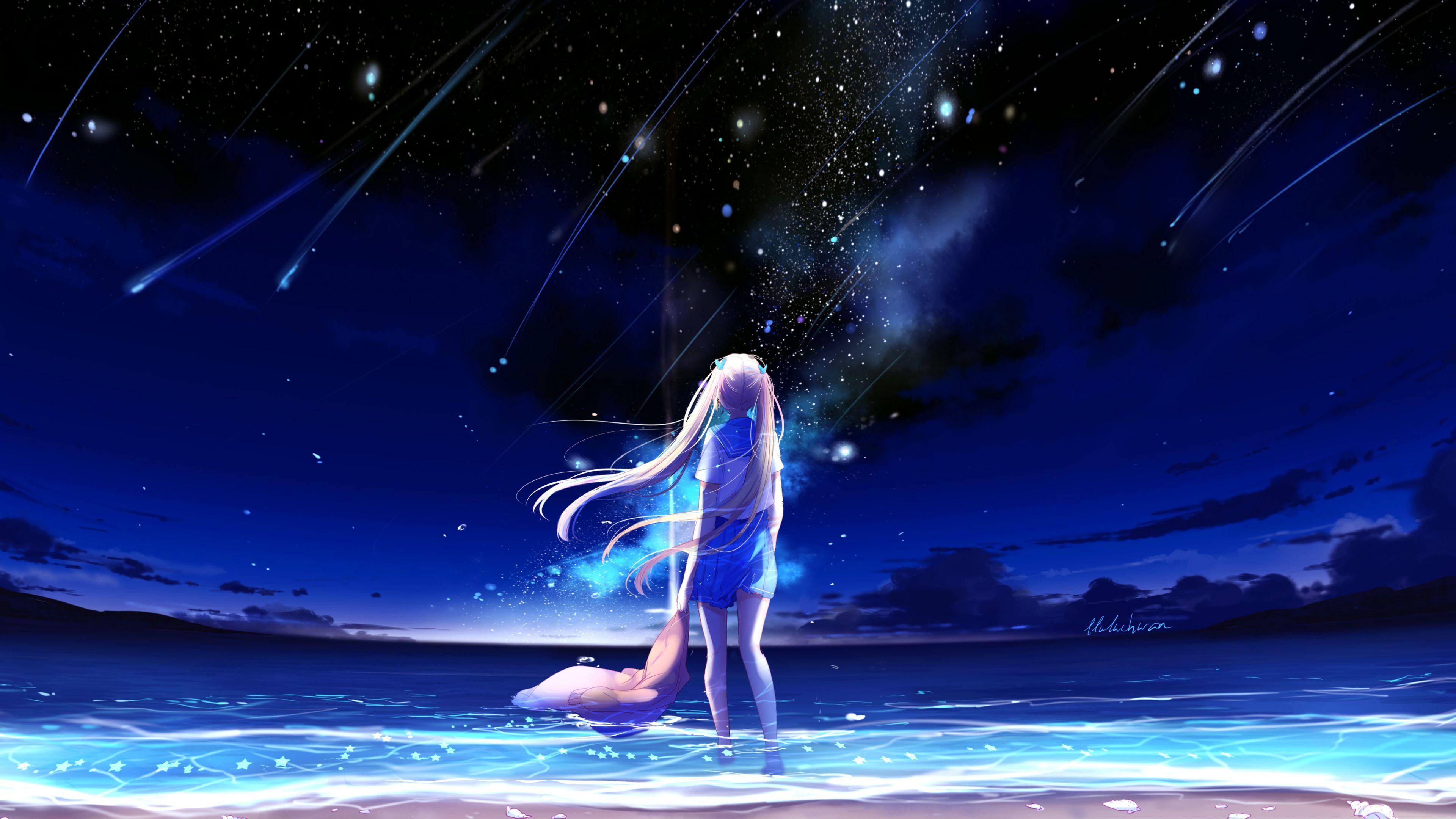 3840x2160 Wallpaper 4k Animegirl Night Sea Stars Fantasy 4k Wallpaper, Anime Girl Wallpaper, Anime Wallpaper, Artist Wallpaper, Artwork Wallpaper, Wallpaper, Digital Art Wallpaper, Fantasy Wallpaper, Hd Wallpaper