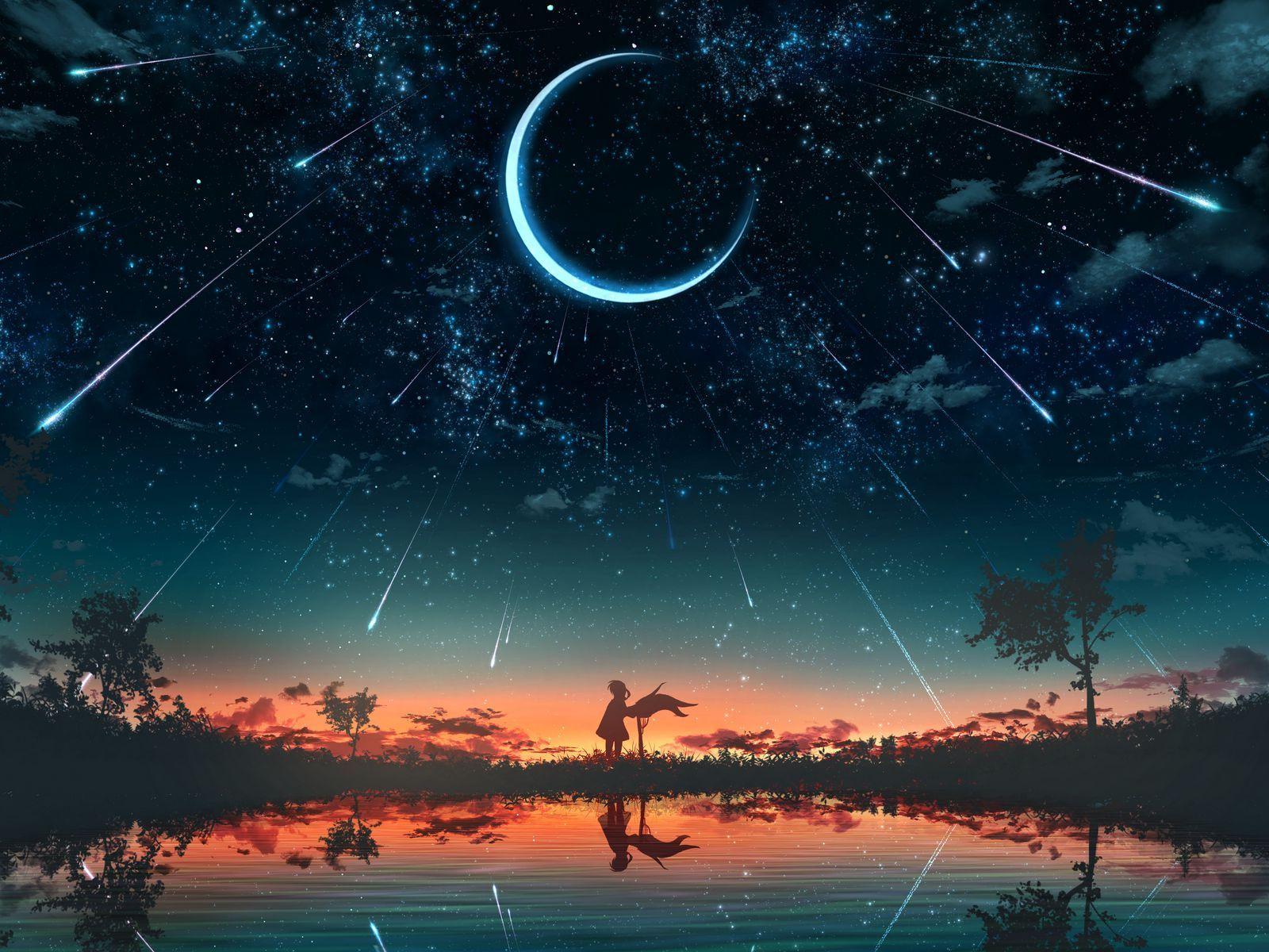 1600x1200 Download wallpaper 1600x1200 girl, silhouette, sunset, moon, stars, art standard 4:3 HD background