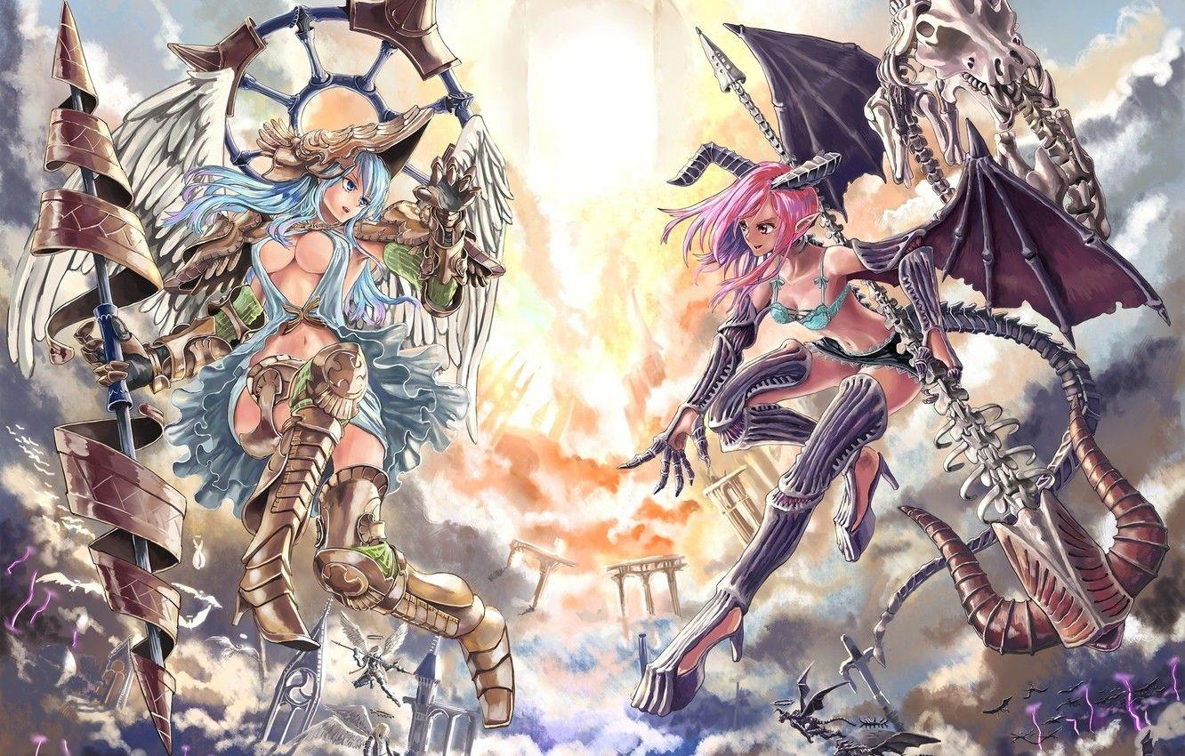 1332x850 Wallpaper girl, fight, angel, anime, the demon, art image for desktop, section прочее