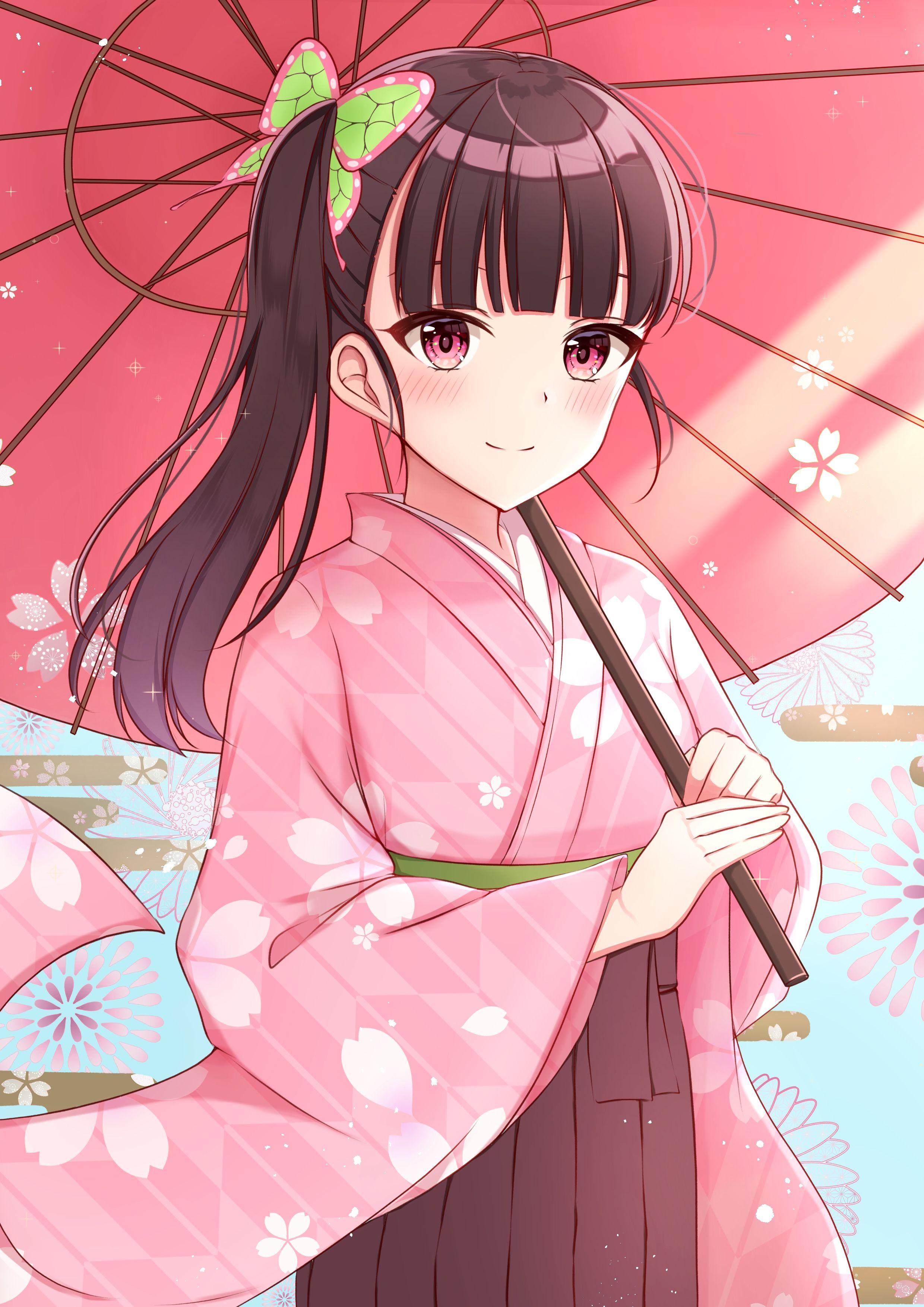 2480x3508 Download 2480x3508 Tsuyuri Kanao, Kimono, Umbrella, Demon Slayer, Kimetsu No Yaiba Wallpaper