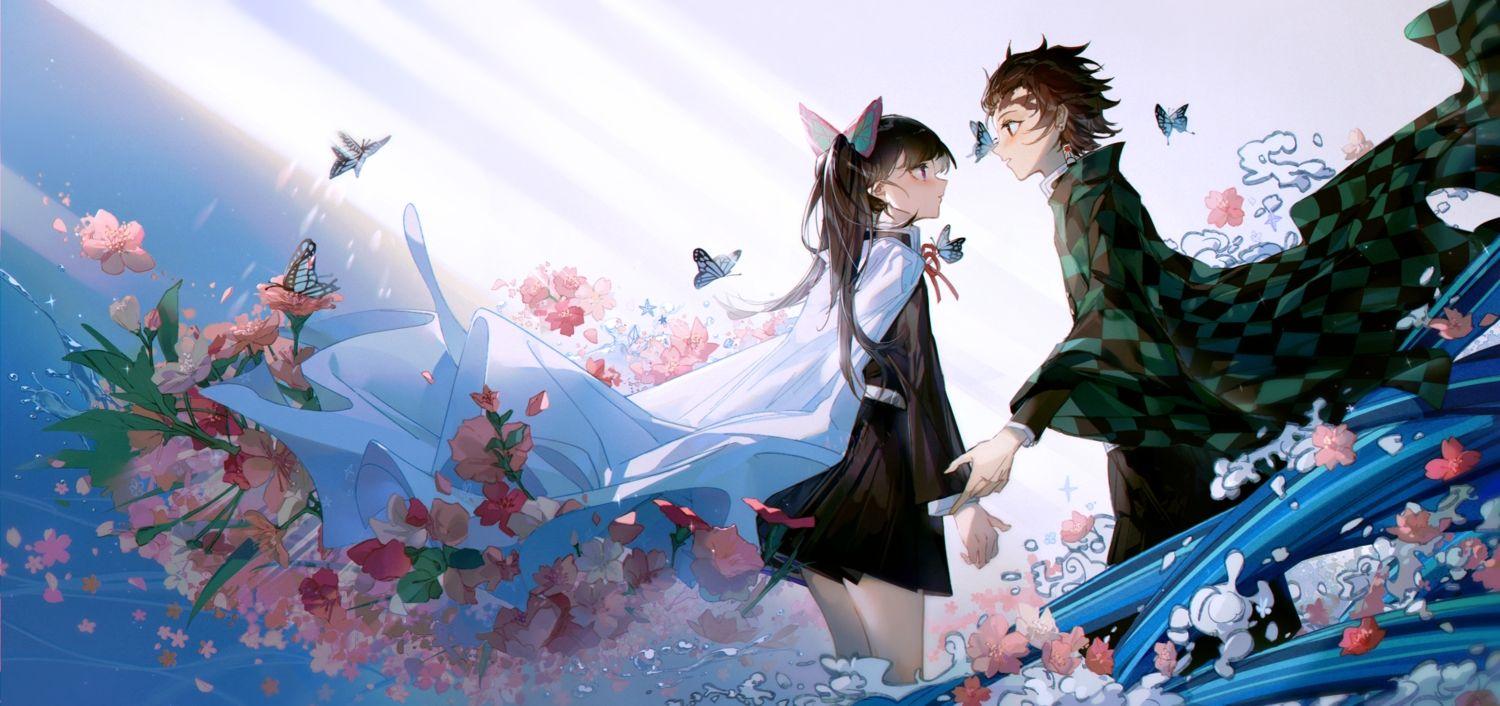 1500x706 asagi jin butterfly flowers kamado tanjirou kimetsu no yaiba male tsuyuri kanao water. konachan.com.com Anime Wallpaper