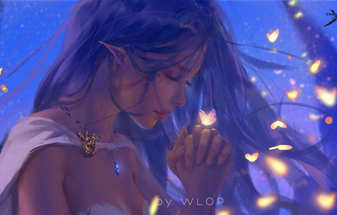 1332x850 Wallpaper girl, fantasy, long hair, butterfly, elf, digital art, artwork, princess, fantasy art, necklace, closed eyes, blue hair, fantasy girl, pointed ears, Ghost blade, Wlop image for desktop, section фантастика