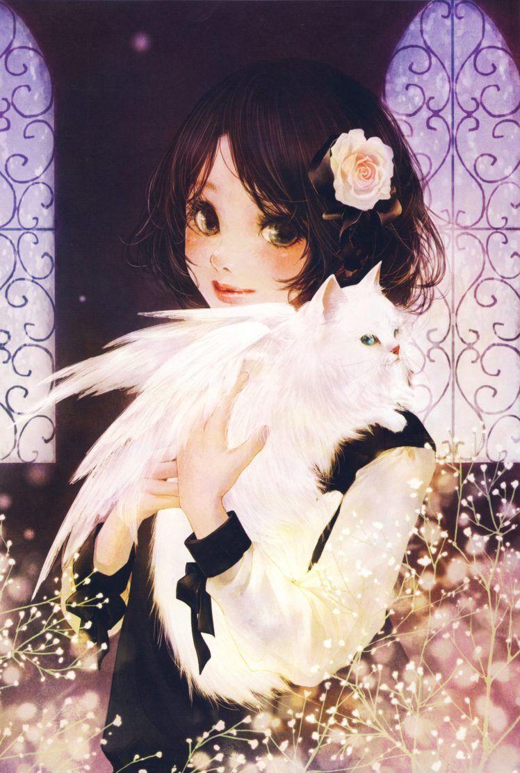 748x1112 anime, Animal, Cat, Cute, Wings, Girl, Artwork, Beautiful, Short, Hair Wallpaper HD / Desktop and Mobile Background