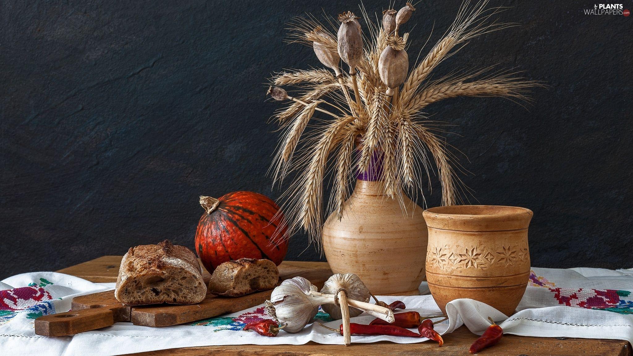 2048x1152 corn, Vase, bread, Ears, composition, Capsules, garlic wallpaper: 2048x1260