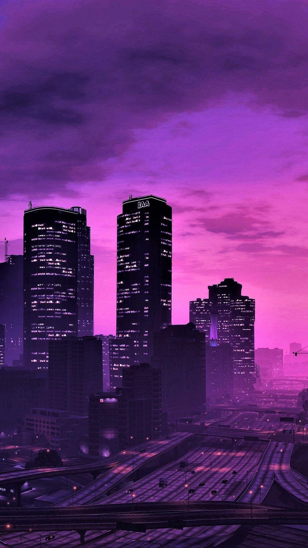 1080x1920 GTA City At Night, Purple Style, Skyscrapers 1242x2688 IPhone 11 Pro XS Max Wallpaper, Background, Picture, Image