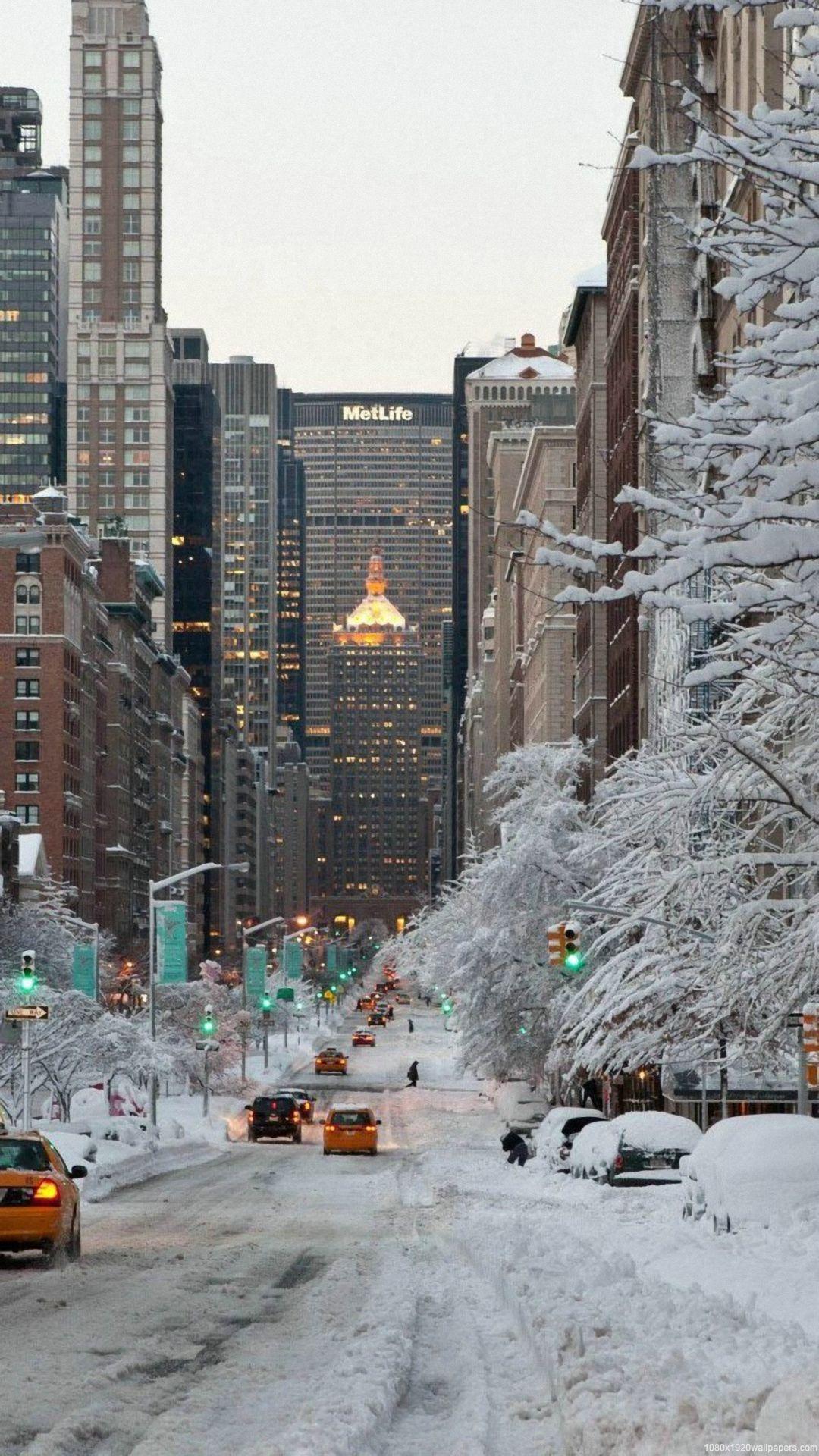 1080x1920 Light Car Tree Winter Road City Snow Wallpaper HD