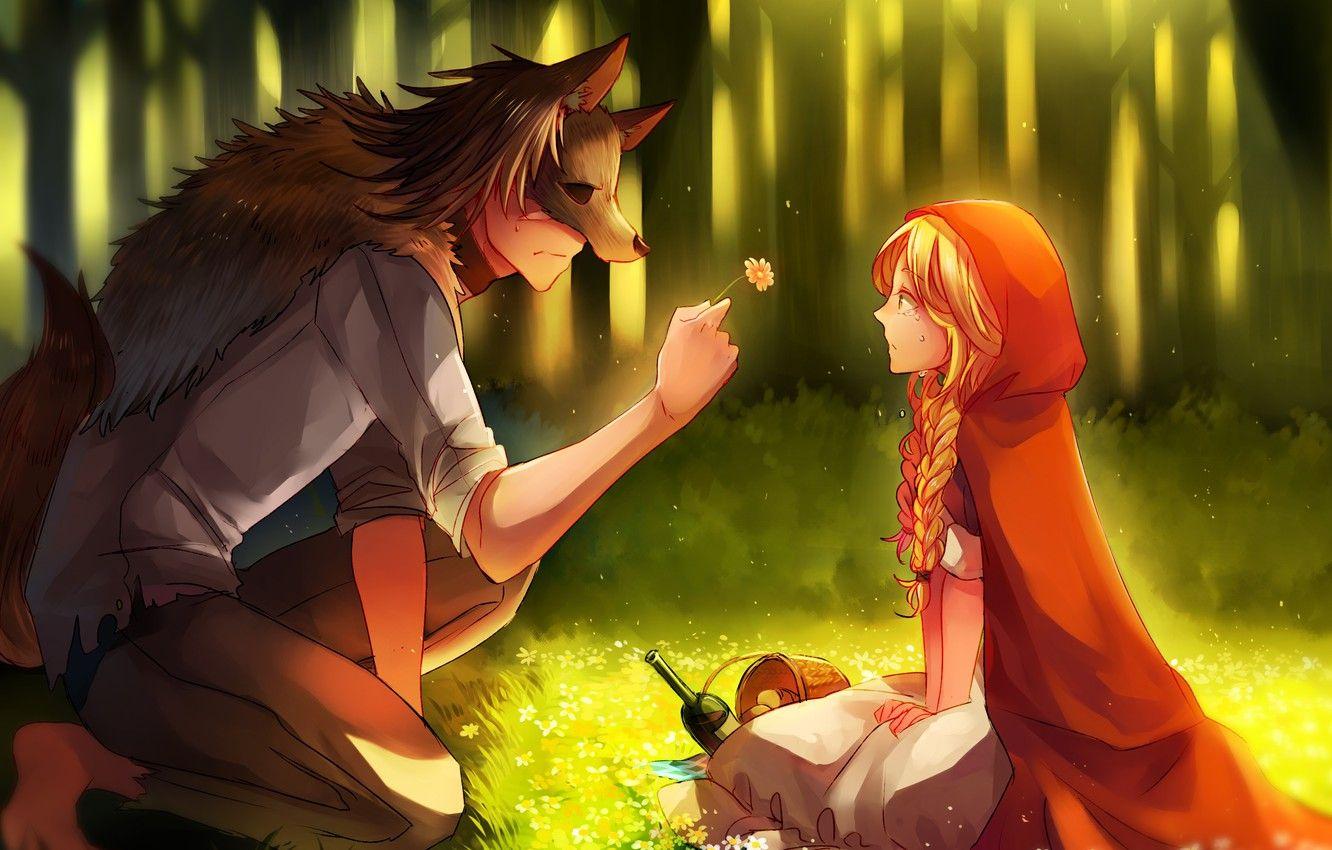1332x850 Wallpaper flower, girl, romance, wolf, little red riding hood, art, guy, Red Riding Hood, Big Bad Wolf image for desktop, section арт