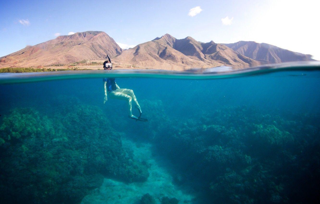 1332x850 Wallpaper summer, the sky, the sun, clouds, surface, mountains, the diver, the bottom of the sea, reefs image for desktop, section ситуации