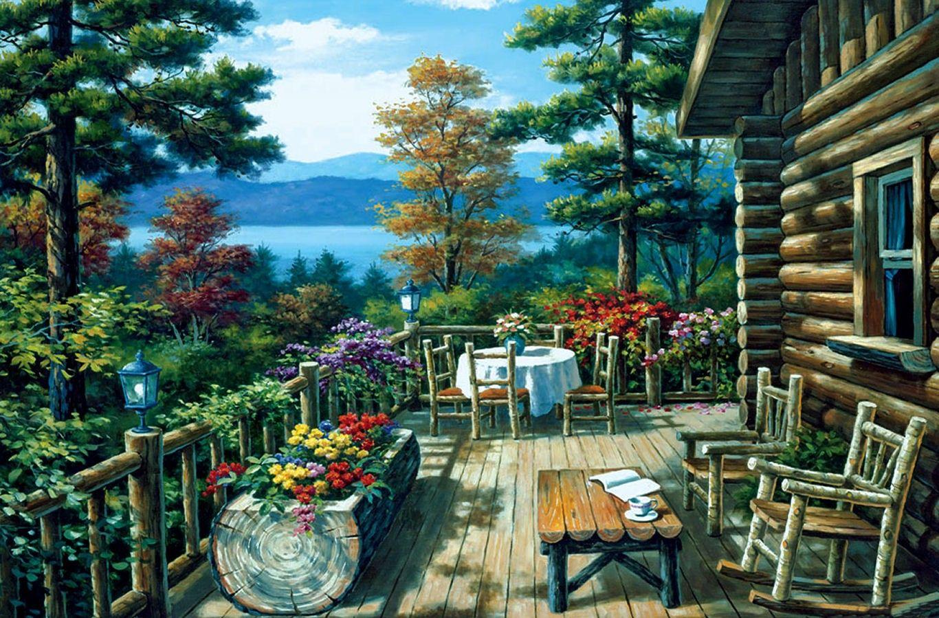 1366x900 Mountains: Scenery Painting Deck Water Landscape Artwork Mountains