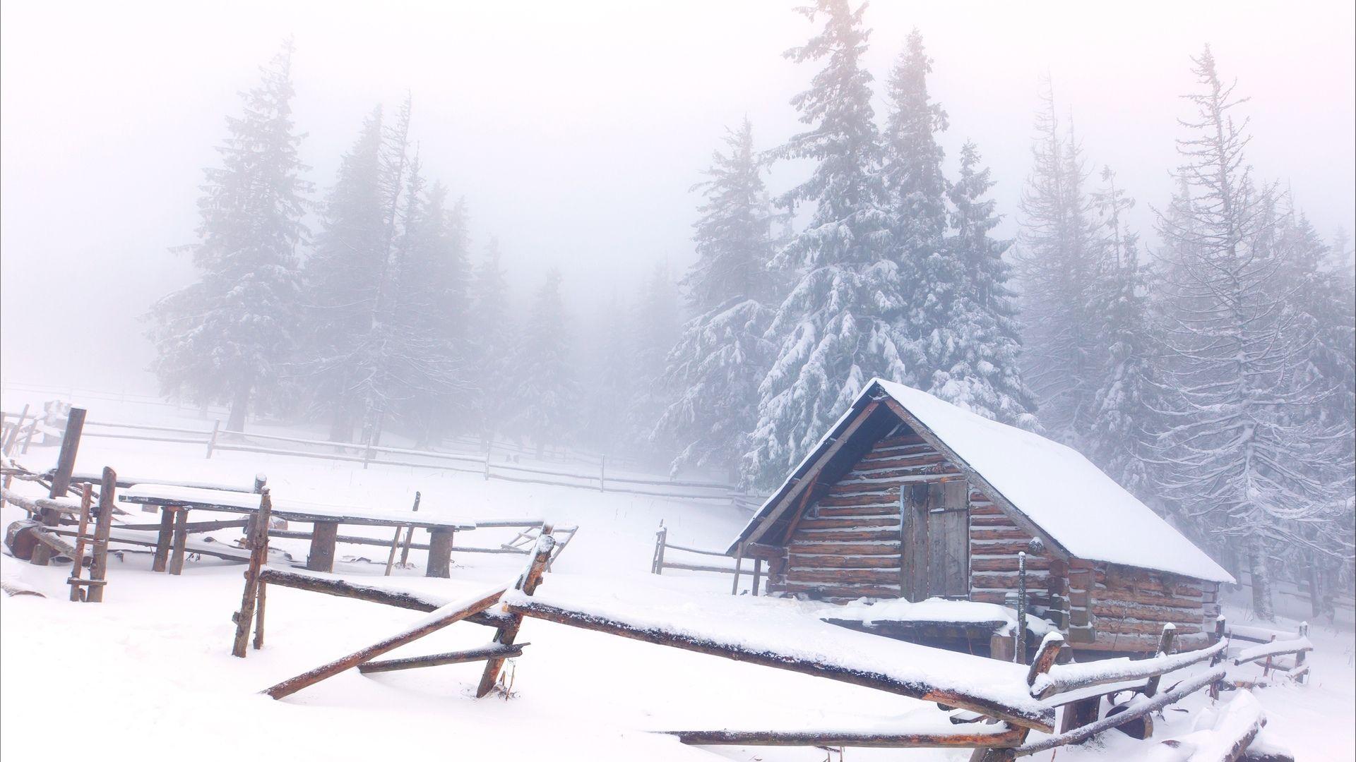 1920x1080 winter forest CABIN landscape wallpaper