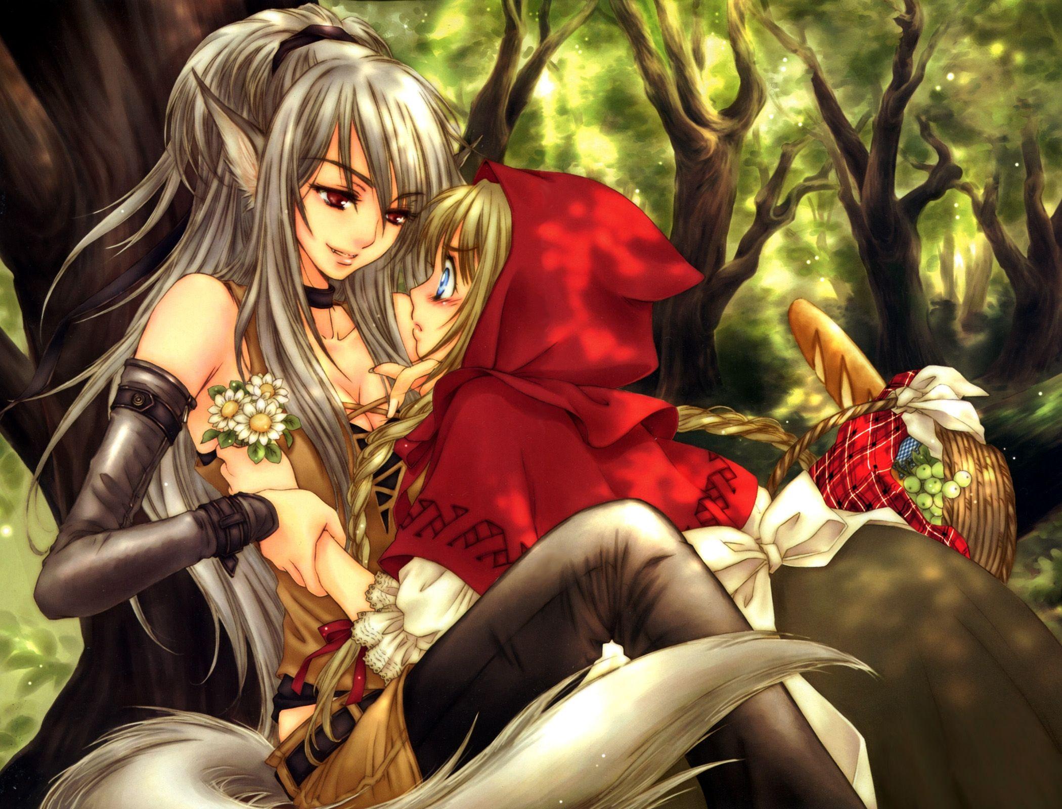 2100x1600 animal, Ears, Big, Bad, Wolf, Flowers, Food, Little, Red, Riding, Hood, Red, Eyes, Red, Riding, Hood, Sakura, Shio, Tail, Yuri Wallpaper HD / Desktop and Mobile Background