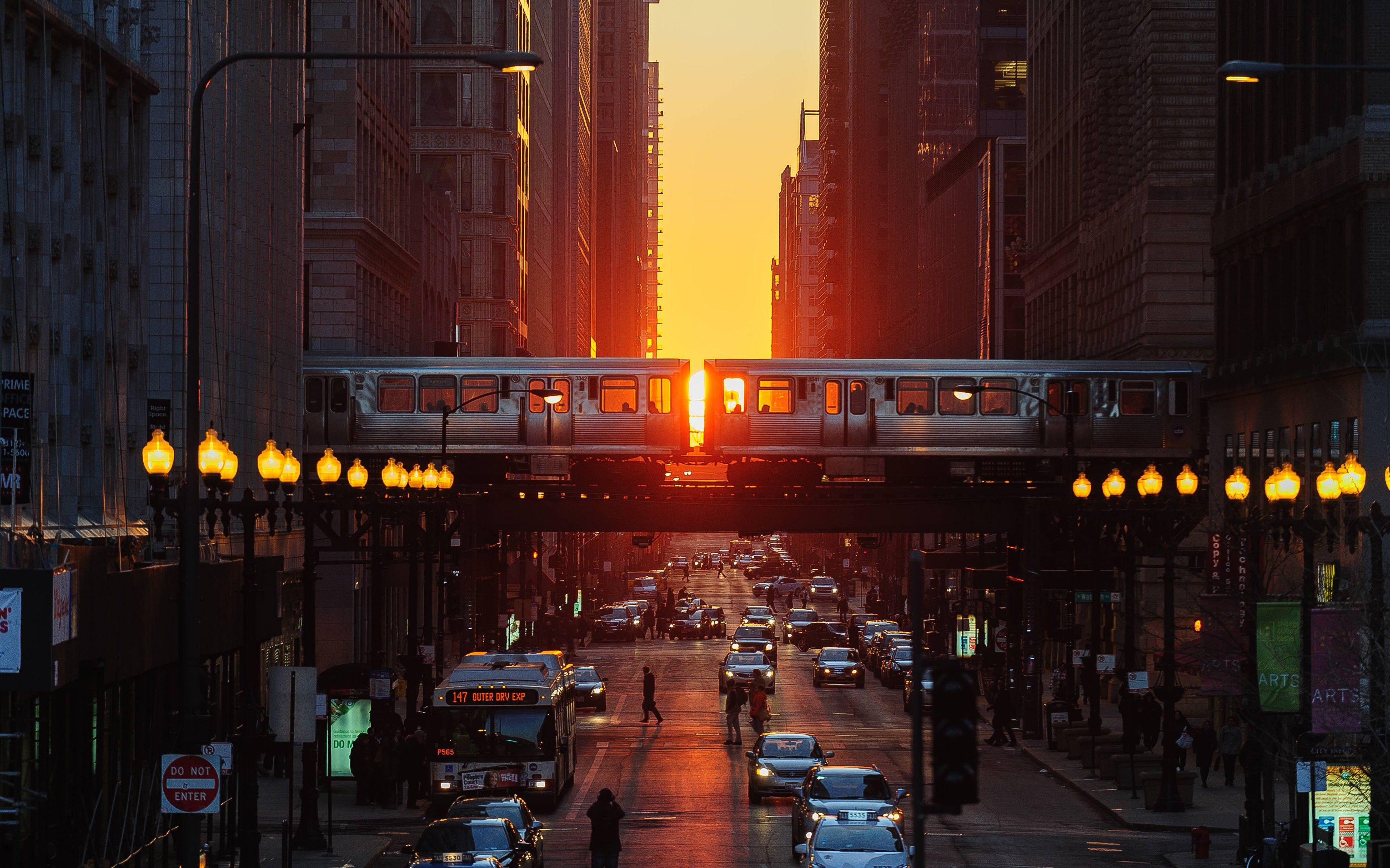 3840x2400 #street, #sunset, #Chicago, #metro, #city, #Illinois, #car wallpaper. Mocah.org HD Desktop Wallpaper