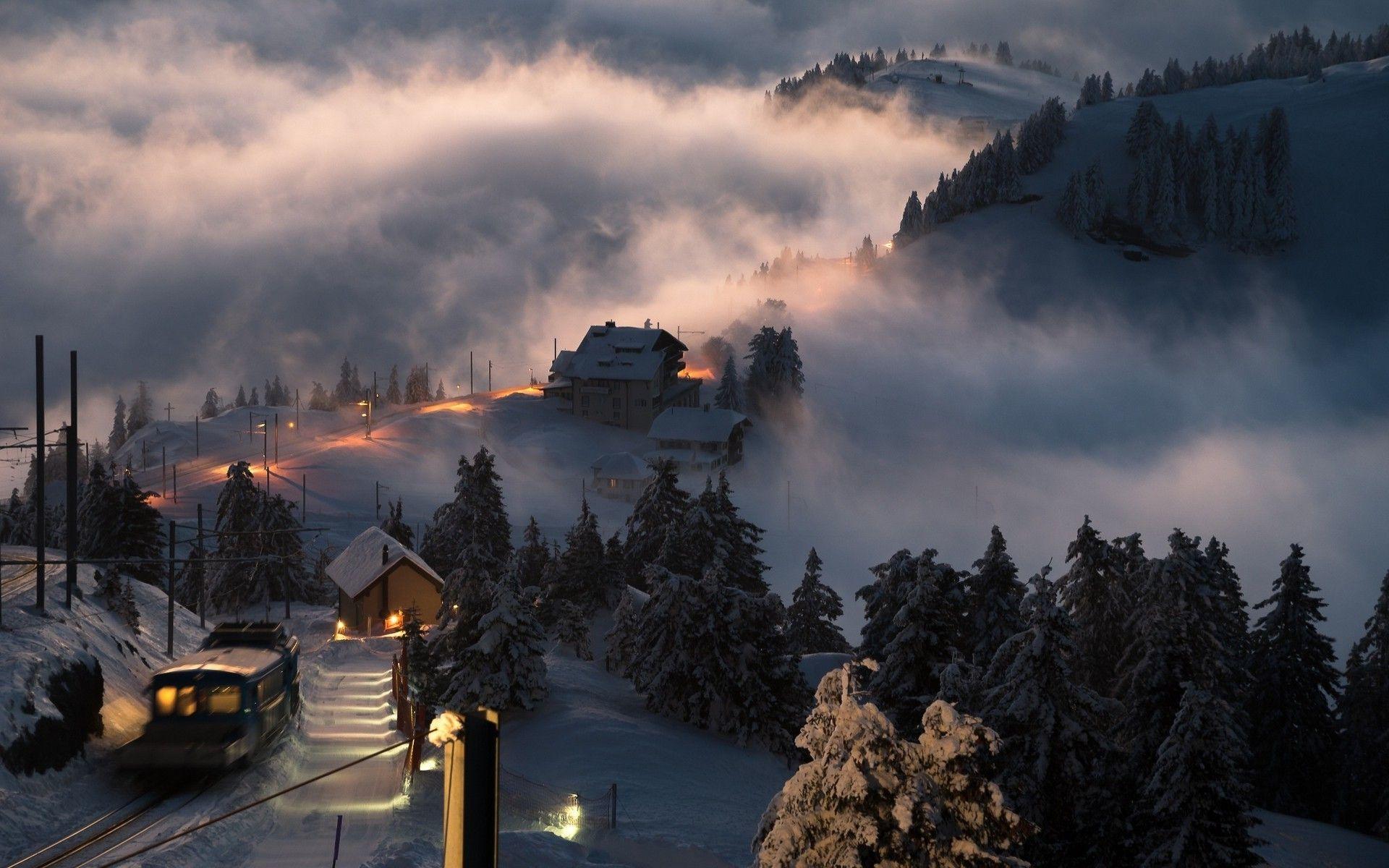 1920x1200 landscape, Nature, Switzerland, Sunset, Snow, Village, Train, Mist, Trees, Winter, Lights, Hill Wallpaper HD / Desktop and Mobile Background