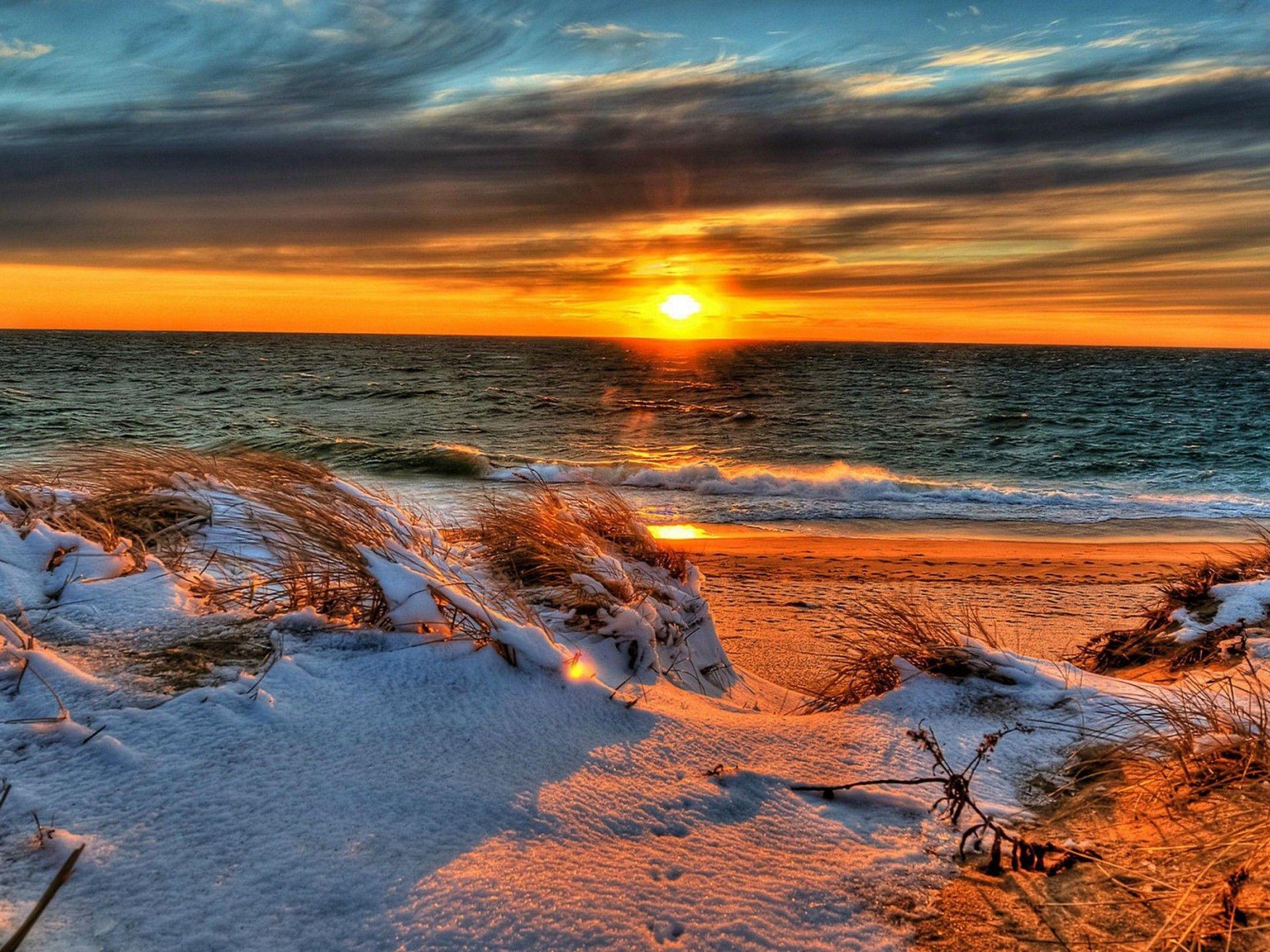 1920x1440 Beach Grass Dry Snow Sea Sunset :
