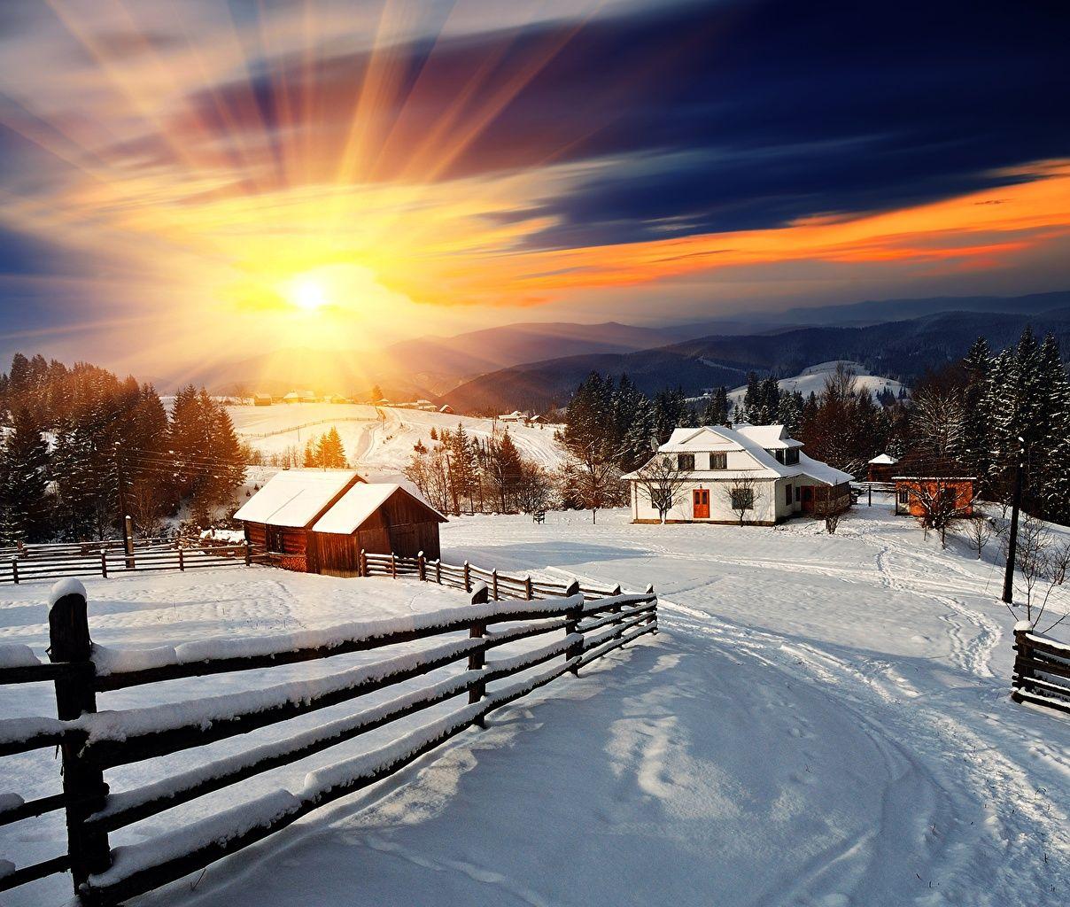 1208x1024 Image Rays of light Village Sun Nature Winter Snow Fence