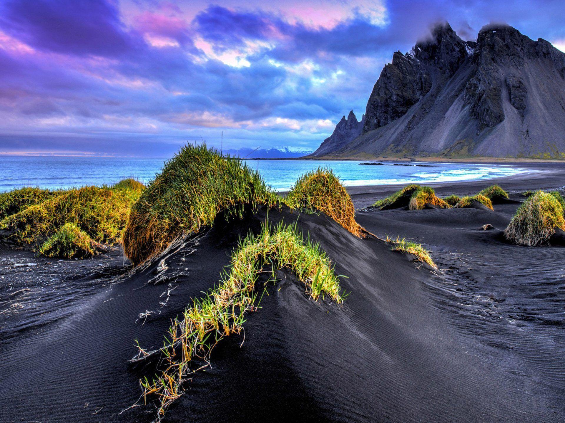1920x1440 Landscape Nature Iceland Sandy Beach Grass Black Sand Sea Rocky Mountains Sky With Dark Clouds HD Wallpaper 2560x1600 :