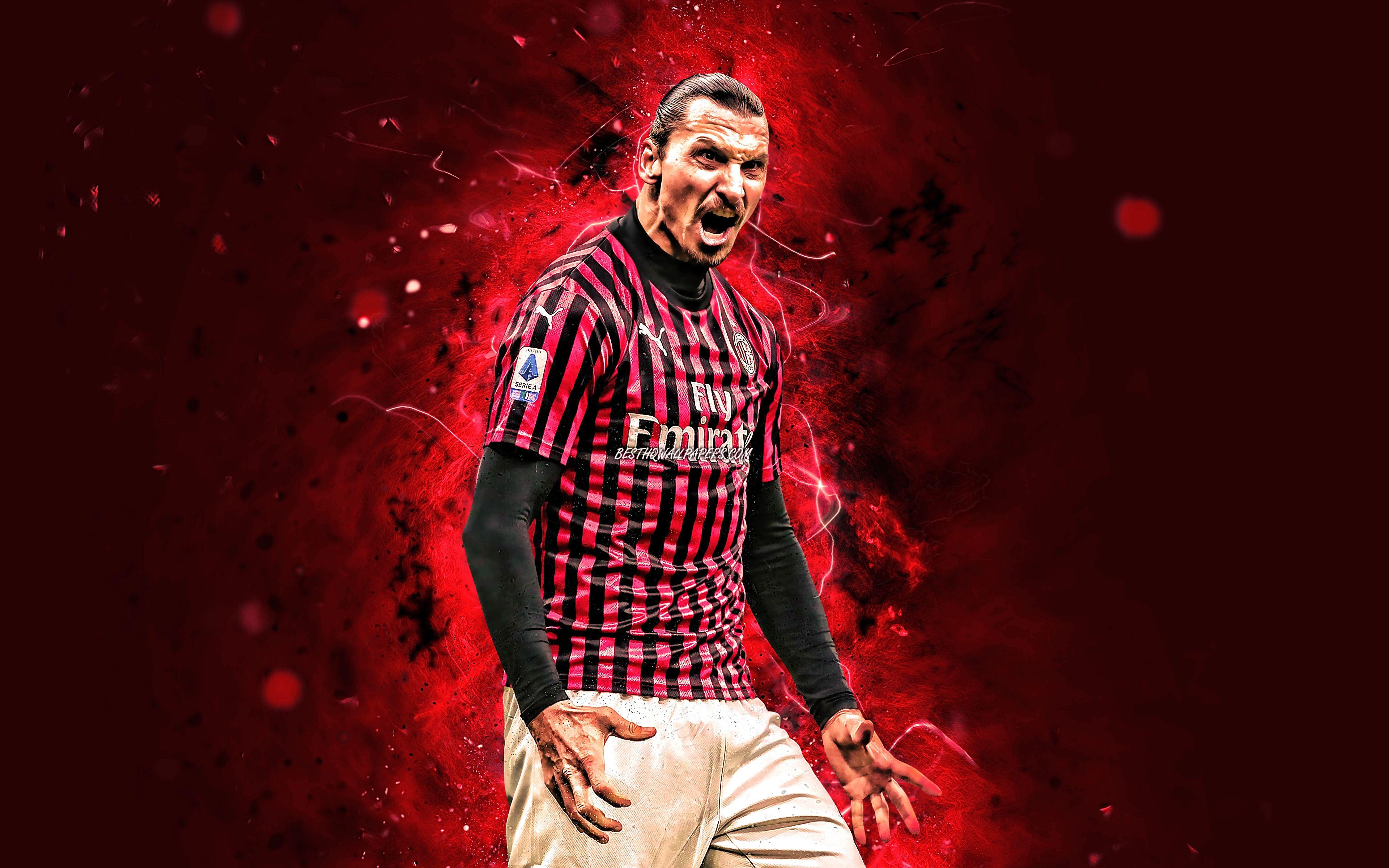 3840x2400 Download wallpaper Zlatan Ibrahimovic, 4k, goal, AC Milan, Swedish footballers, soccer, Serie A, Ibrahimovic, Rossoneri, Ibra, football, neon lights, 2020, Milan FC, Italy, Zlatan Ibrahimovic Milan for desktop with resolution 3840x2400. High