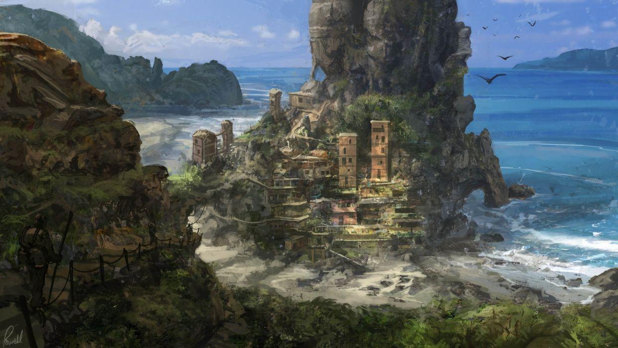 1244x700 Fantasy village ocean hill painting artwork rocks birds coast wallpaperx1950