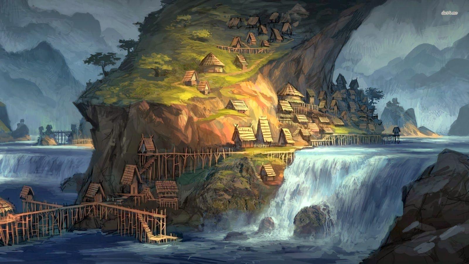 1600x900 HD Desktop Wallpaper: Village Next to the Waterfall Fantasy HD wallpaper 3D Animation Wallpaper 1920x1080