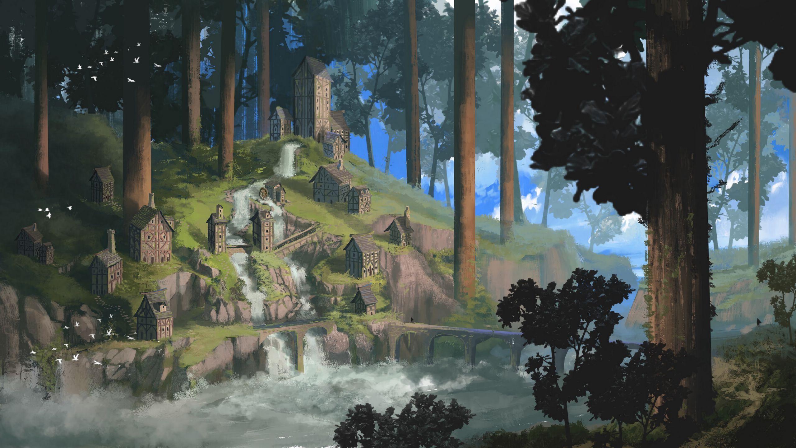 2560x1440 Download wallpaper 2560x1440 village, settlement, fantasy, art widescreen 16:9 HD background