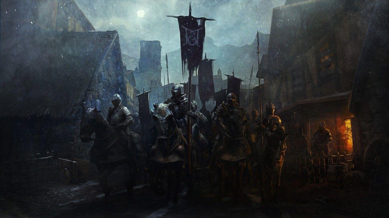1366x768 Download 1366x768 Fantasy Knights, Horses, Village, Darkness, Flags, Snow, Gloomy Wallpaper for Laptop, Notebook