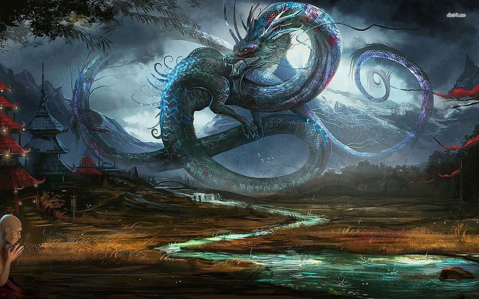 1680x1050 Dragon in ancient Chinese village wallpaper wallpaper