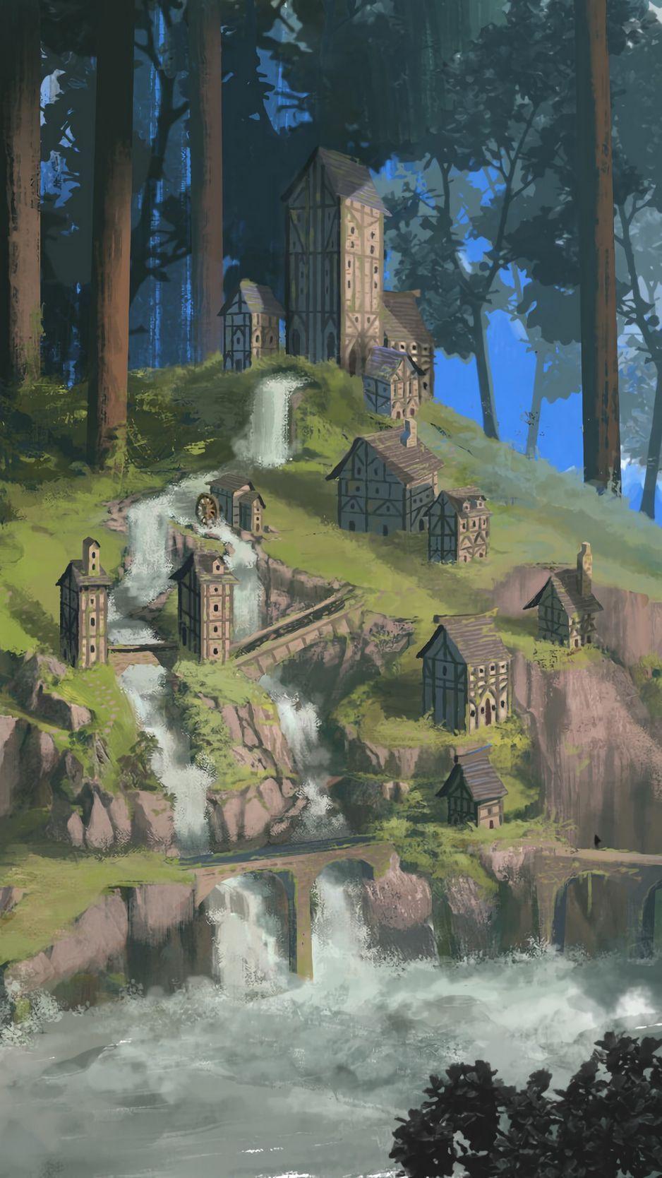 938x1668 Download Wallpaper 938x1668 Village, Settlement, Fantasy, Art Iphone 8 7 6s 6 For Parallax HD Background