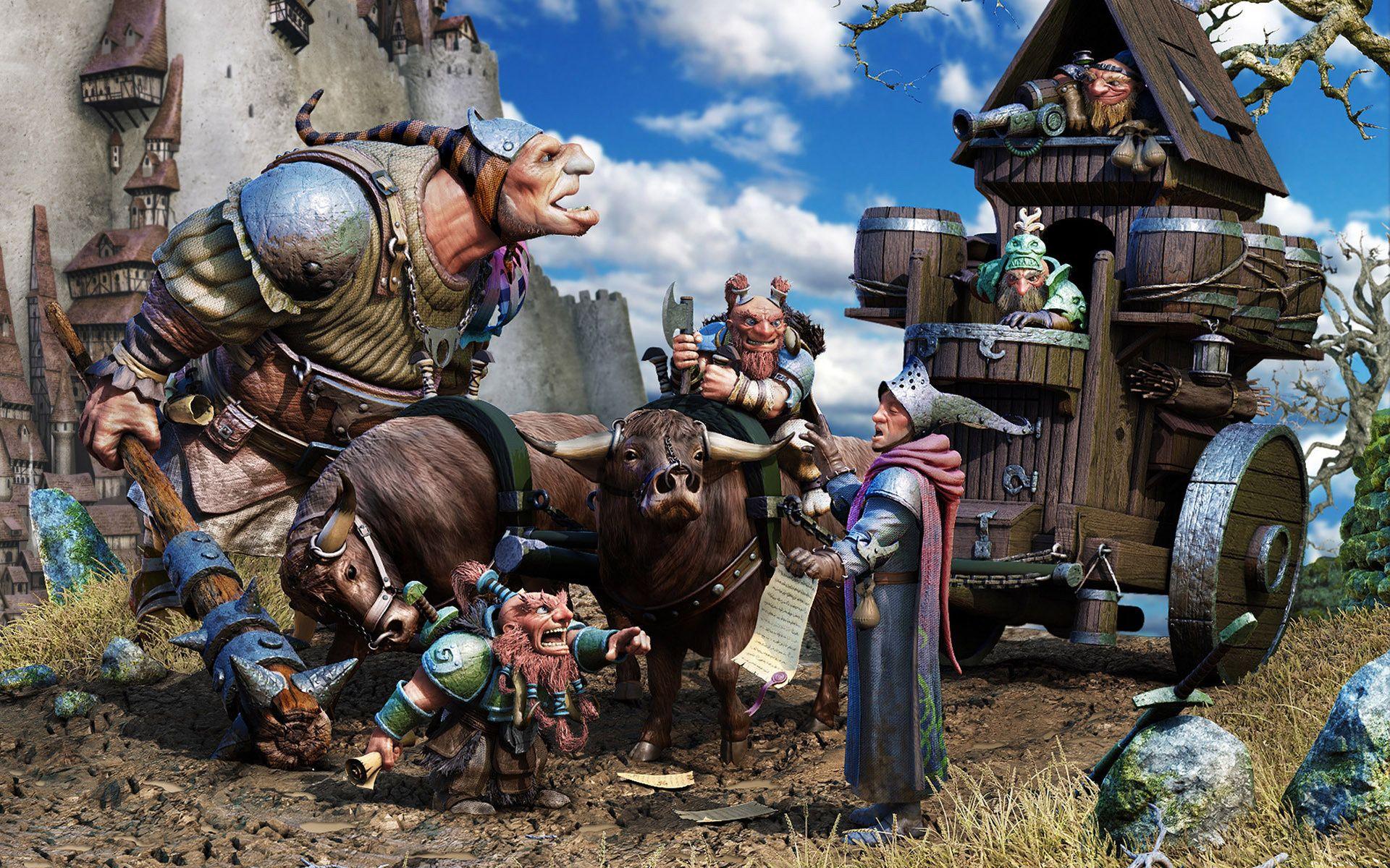 1920x1200 Wallpaper Dwarf, cart, village, monster, castle desktop wallpaper Other