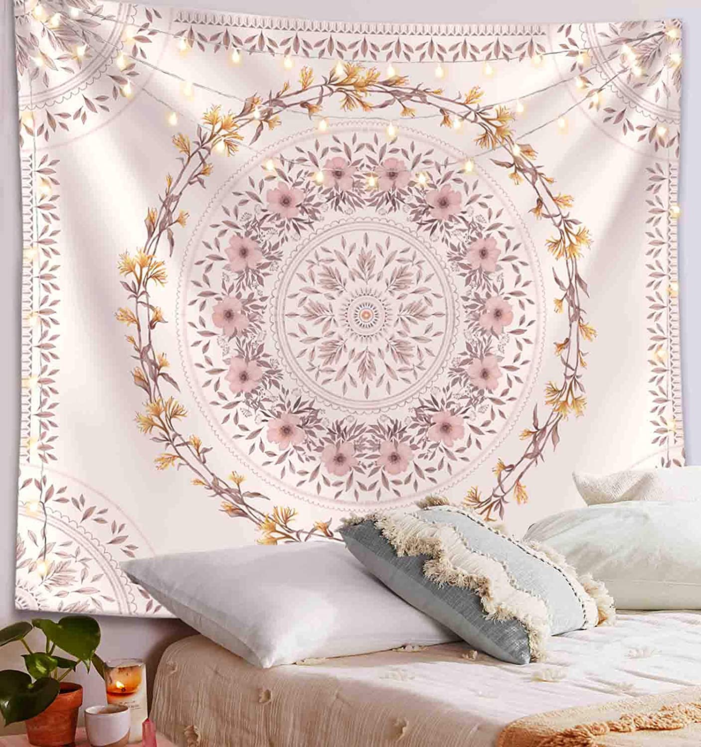 1406x1500 Lifeel White Bohemian Tapestry Wall Hanging, Mandala Floral Medallion Hippie Tapestry with Light Brown Aesthetic Wreath Design, Cream Wall Decor Blanket for Bedroom Home Dorm, Large 68×80 inches: Amazon.ca: generic