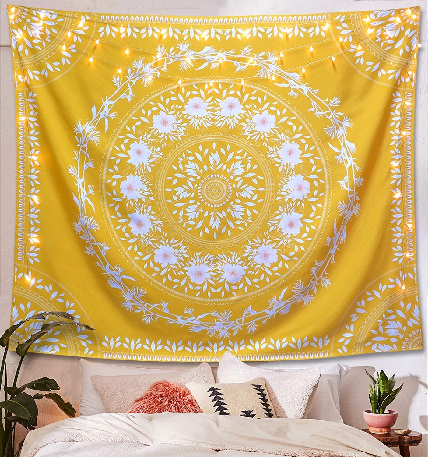 1406x1500 Generies White Tapestry Wall Hanging, Mandala Floral Medallion Hippie Tapestry With Light Brown Aesthetic Wreath Design, Cream Wall Decor Blanket For Bedroom Home Dorm, Small 50×60 Inches: Amazon.co.uk: Kitchen & Home