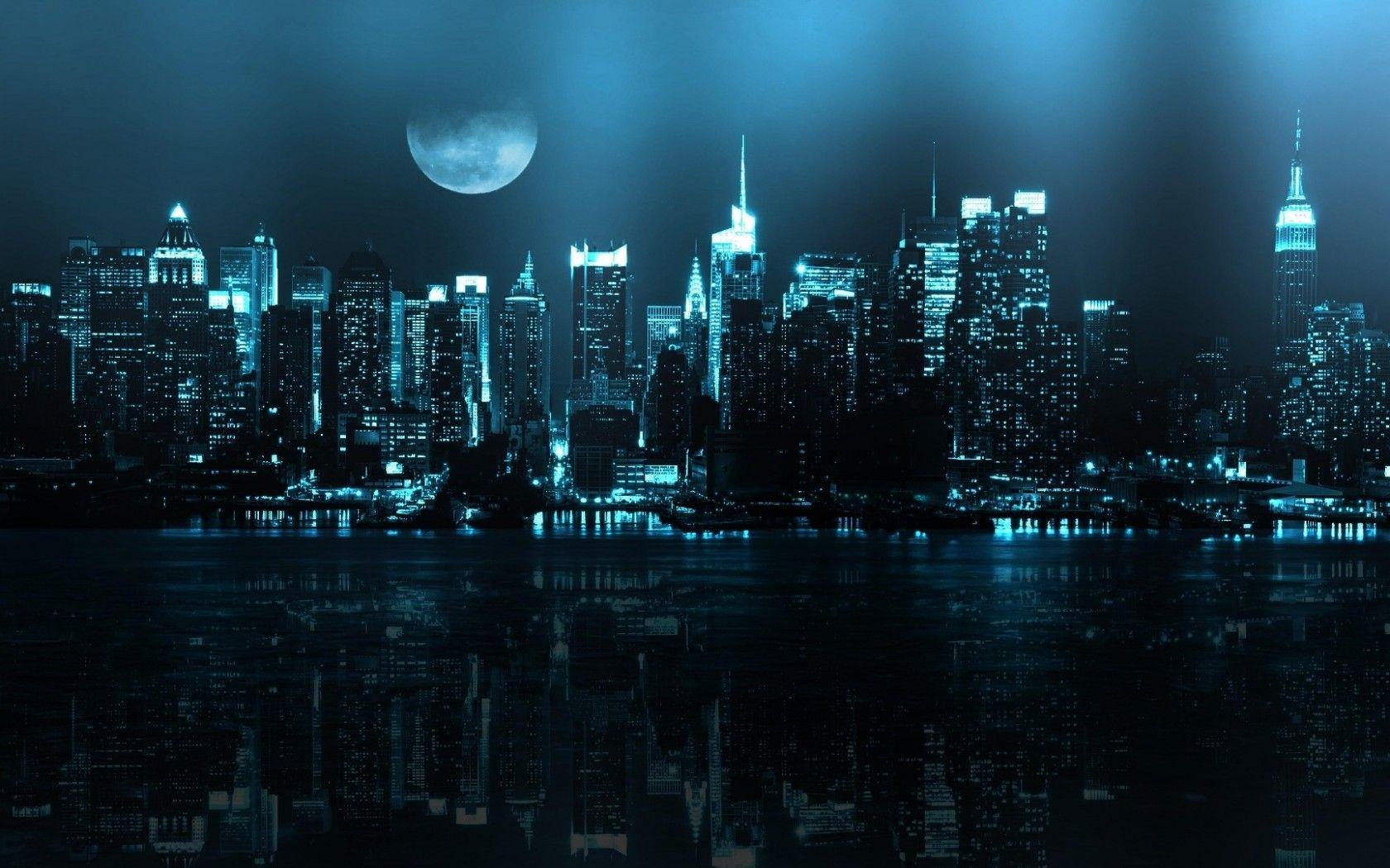 1680x1050 New York Blue Neon Lighting Of The City Night View HD Wallpaper :