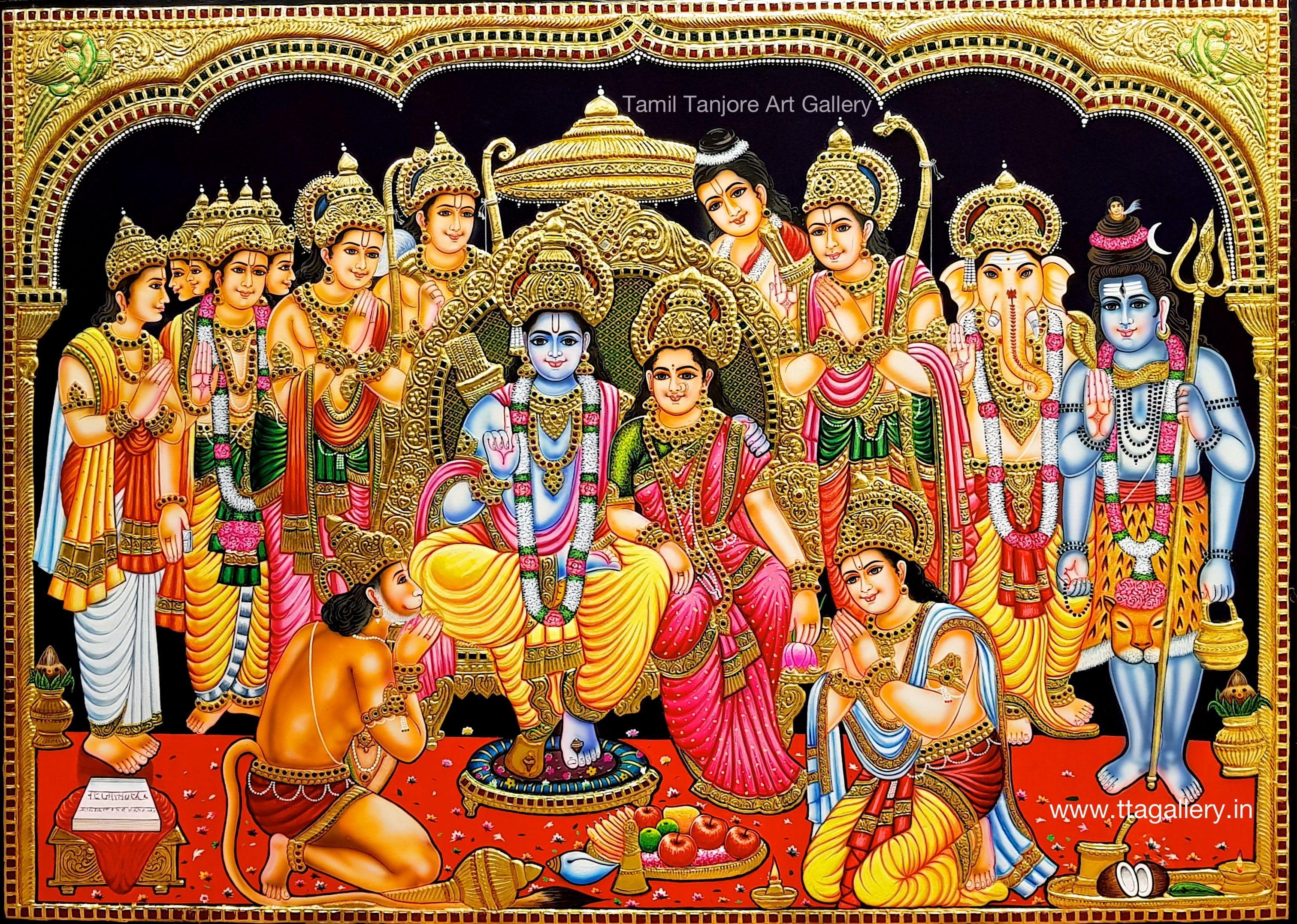 Tranh Tanjore 3023x2155 RAMAR PATTABISHEGAM.  Bức tranh Tanjore, nghệ thuật Hindu, hình nền Shri ram