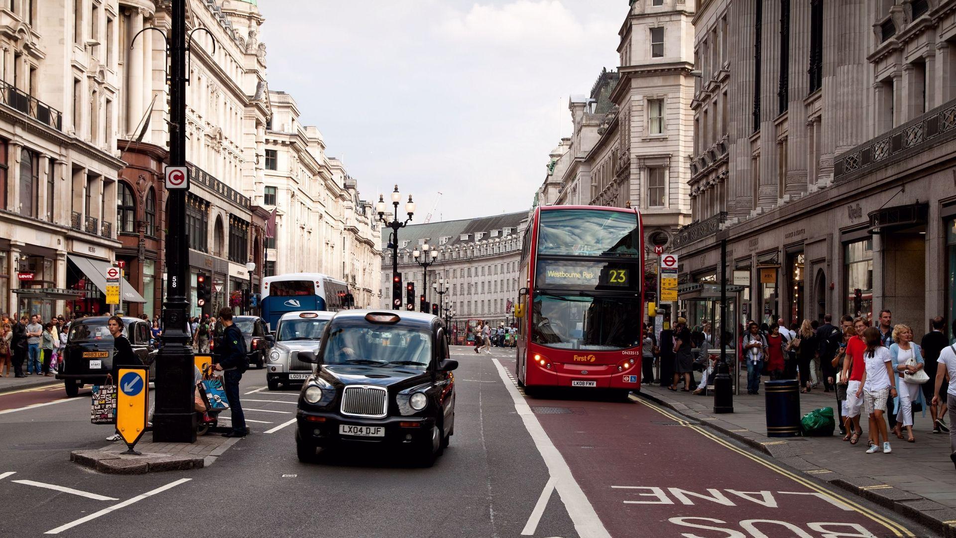 1920x1080 Download Wallpaper 1920x1080 london, street, traffic, bus, stop, people, buildings, architecture Full HD 1080p HD Background