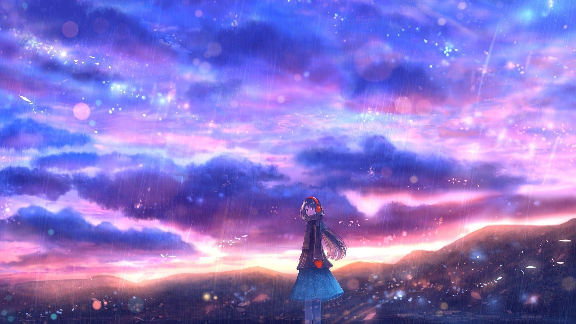 1920x1080 Rain, Clouds, Colorful, Sky, Anime Girl Wallpaper Day Anime Background HD Wallpaper
