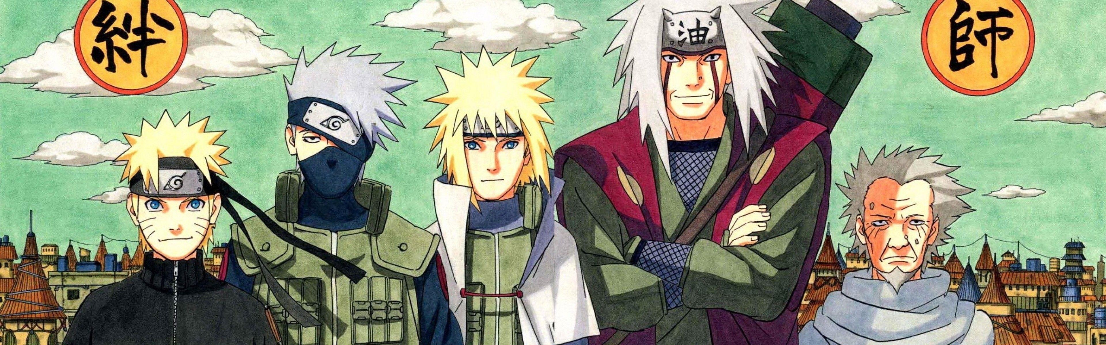 3840x1200 Wallpaper naruto, naruto shippuden, yondaime, namikaze minato, sarutobi hiruzen, kakashi