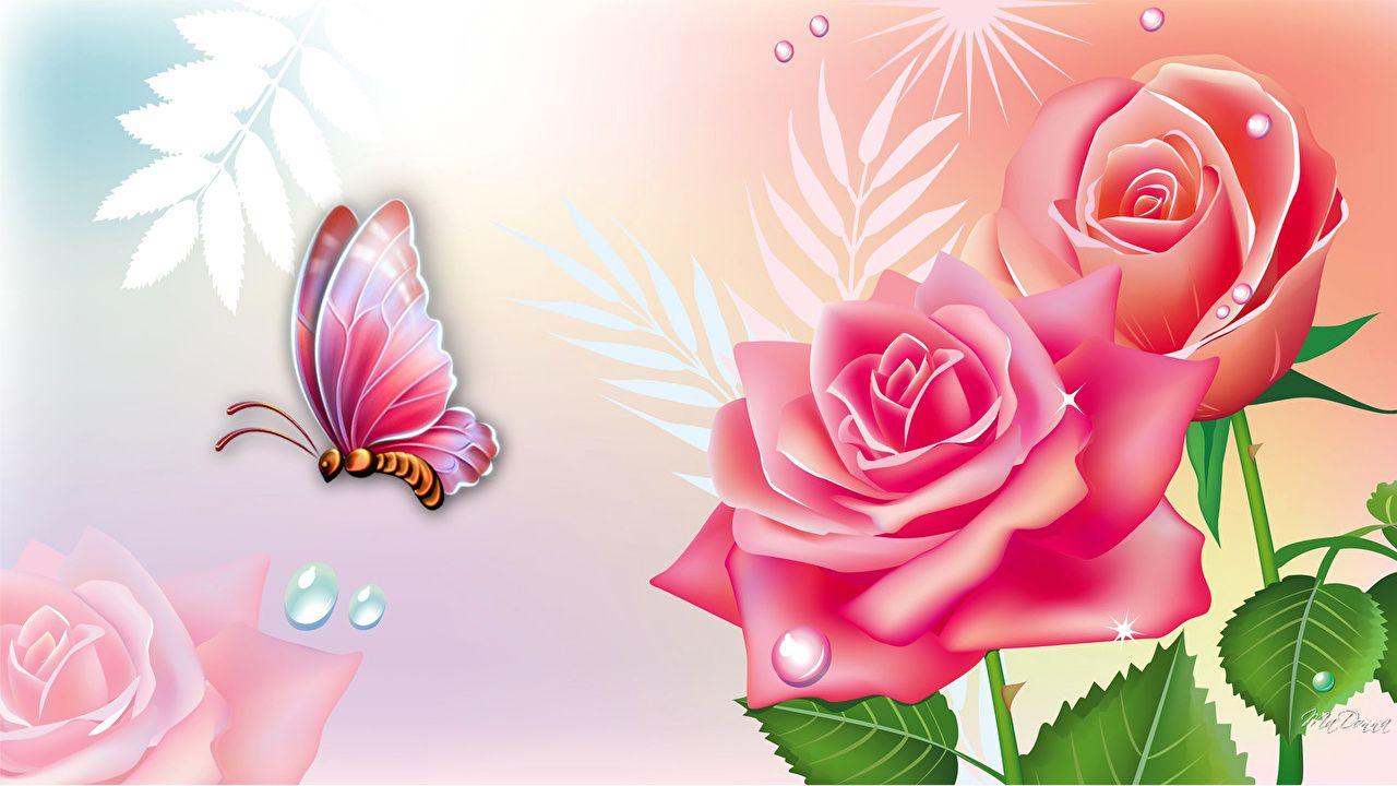1280x720 Image Insects Butterflies Roses flower animal Painting Art