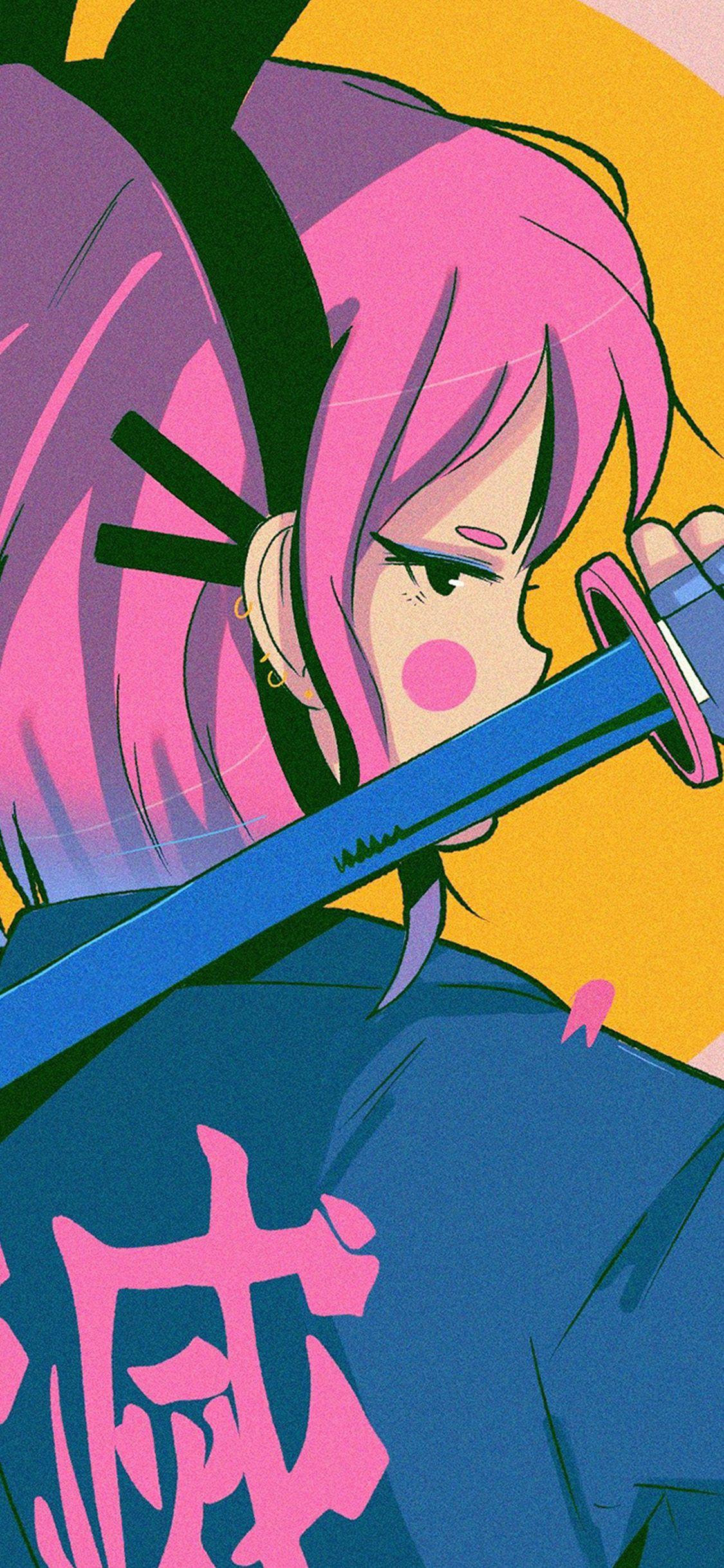 1125x2436 Art Japan Girl Illust Sword Pink Wallpaper