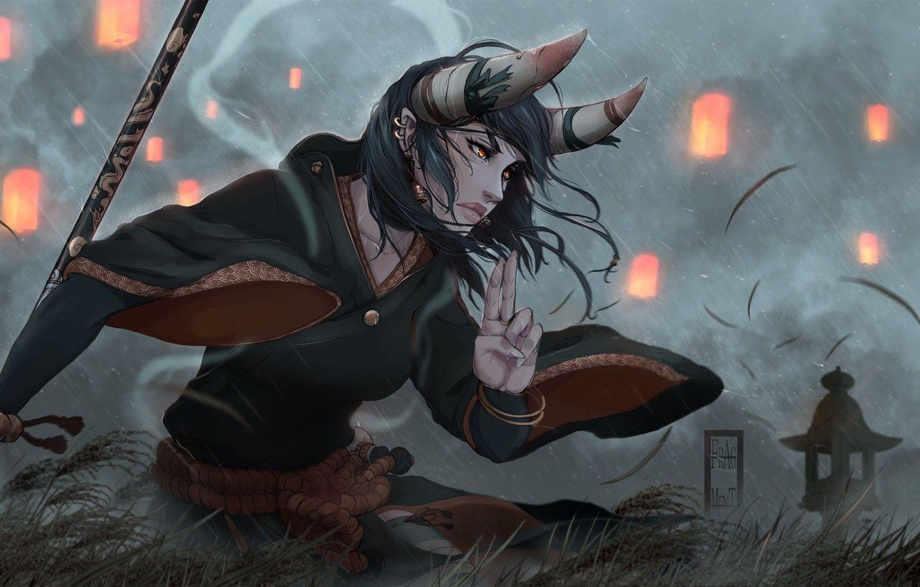 1332x850 Wallpaper Japan, Rain, Style, Japan, Fantasy, Horns, Art, Asian, Rain, Monk, Illustration, The shower, Character, Characters, Japanese, Horns image for desktop, section фантастика