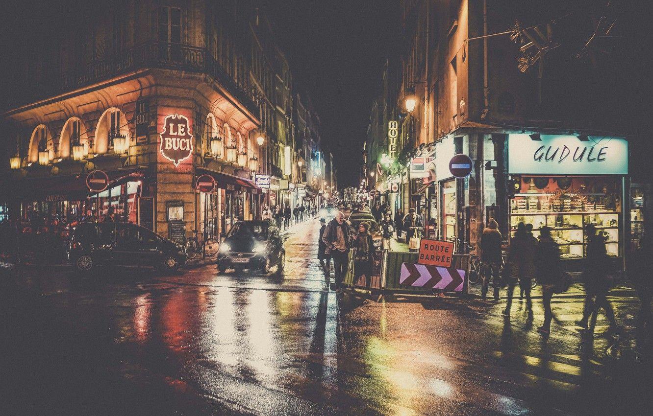 1332x850 Wallpaper Paris, cars, sign, night, France, street, people, lamps, cityscape, walking, shops, sidewalk, everyday life, urban scene image for desktop, section город