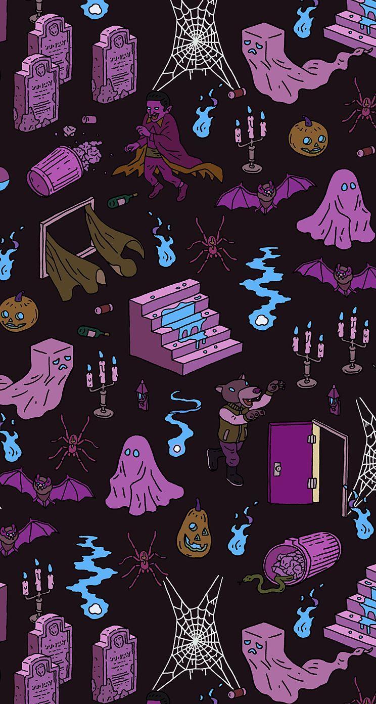 744x1392 Halloween Pattern by Tatsushi Eto. #illustration #drawing #pattern. Witchy wallpaper, Goth wallpaper, Halloween wallpaper