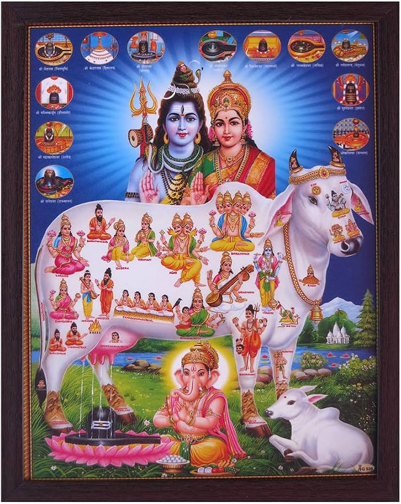 796x1000 SANVIKA Shiva Parwati Ganesha with Nandi Cow frame (6). Material: Paper Base, Orientation: Portrait, Finish: Glossy Laminated, Pack: Single Piece, Print: Fine Detailing: Posters & Prints