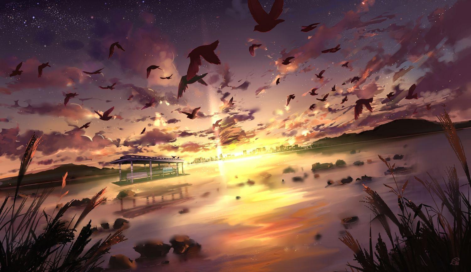 1500x868 animal bird clouds landscape mikan 121 nobody original scenic sky sunset water. konachan.com.com Anime Wallpaper